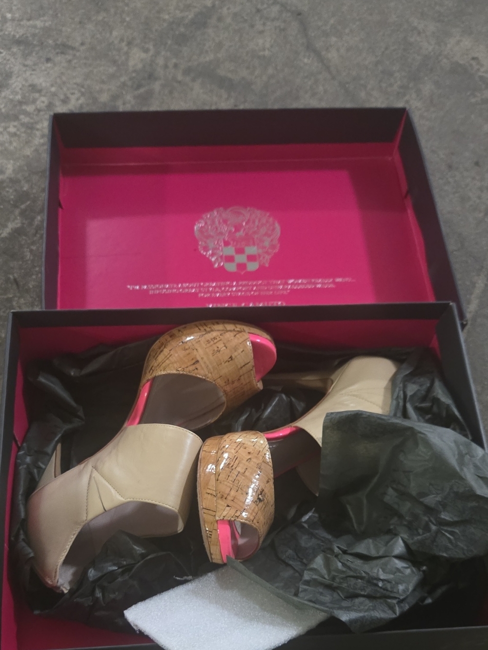 Vince Camuto Beige Cork Platform Peep-Toe Heels with Pink Trim